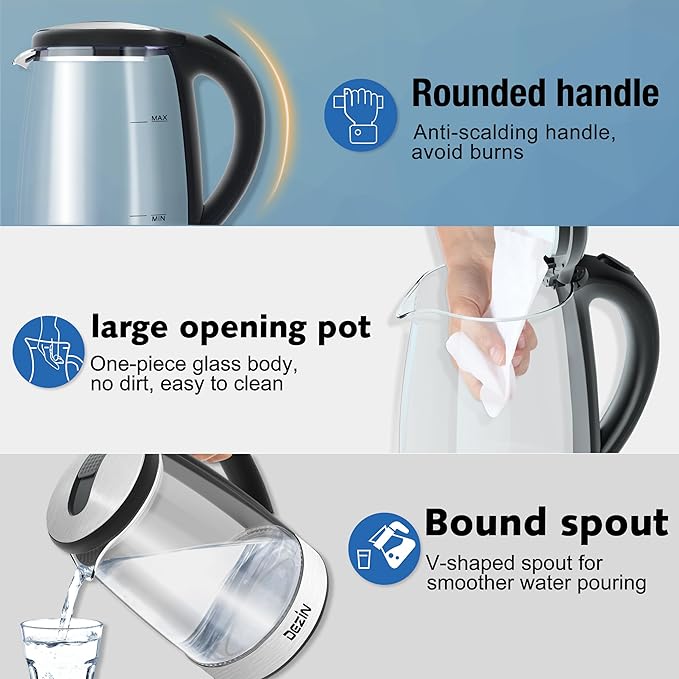 Dezin Electric Kettle, BPA-Free 2L Electric Water Heater, Glass Electric Tea Kettle, 304 Stainless Steel Hot Water Kettle Warmer with Fast Boil, Auto Shut-Off & Boil Dry Protection, for Coffee, Tea