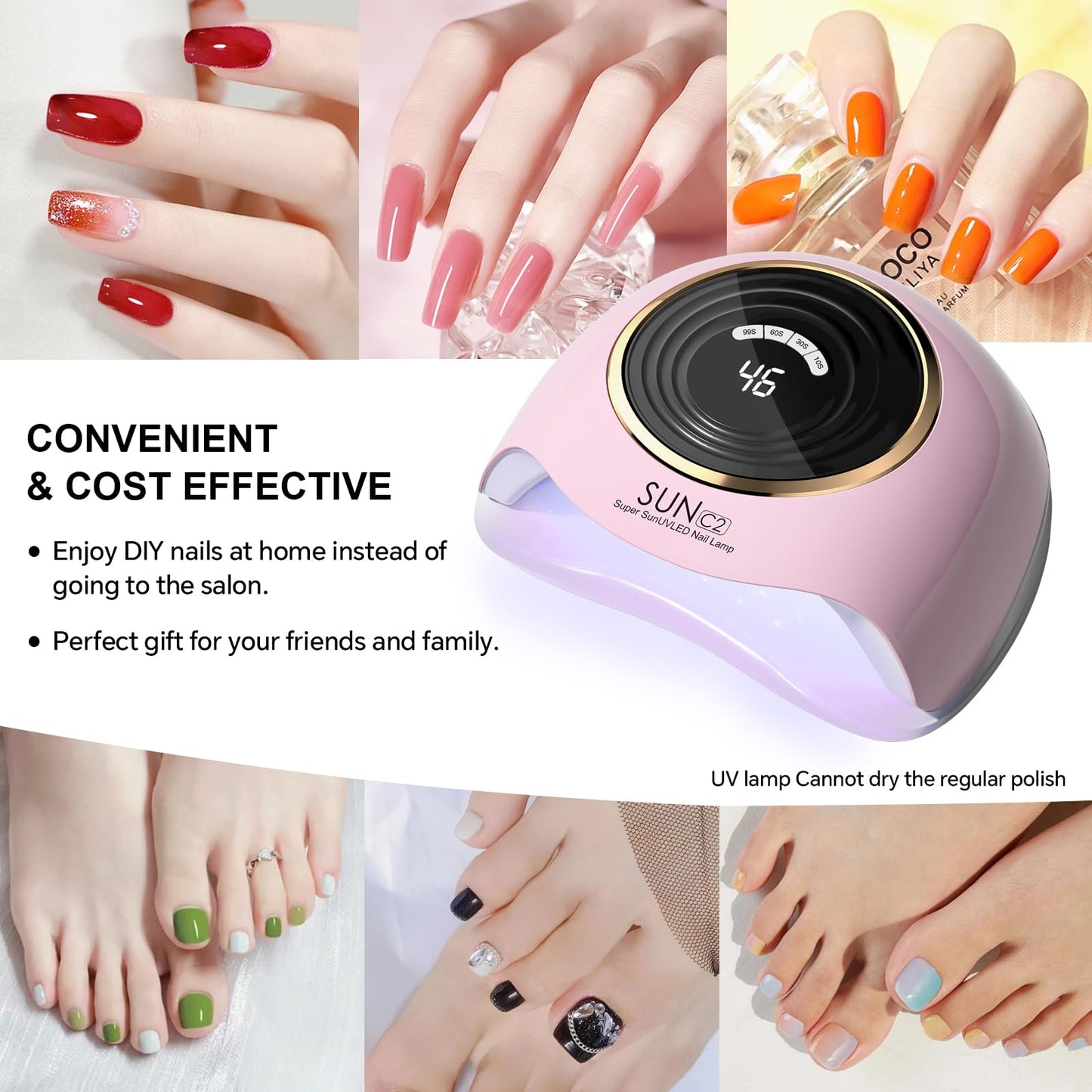 WEVILI 288W Professional UV LED Nail Lamp with 63 Beads - Fastest Gel Curing Dryer for Home & Salon, Smart Sensor, LCD Display & 4 Timers, Pink Salon-Grade Light