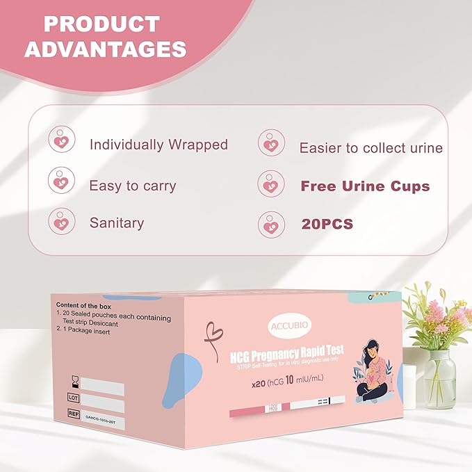 Pregnancy Test Strips with Urine Cups, hCG Detection Home Pregnancy Test, Sensitive & Over 99% Accurate, 20 Count Individually Wrapped, Rapid Prenancy Tests Kit 5mm Wider 25mIU/mL