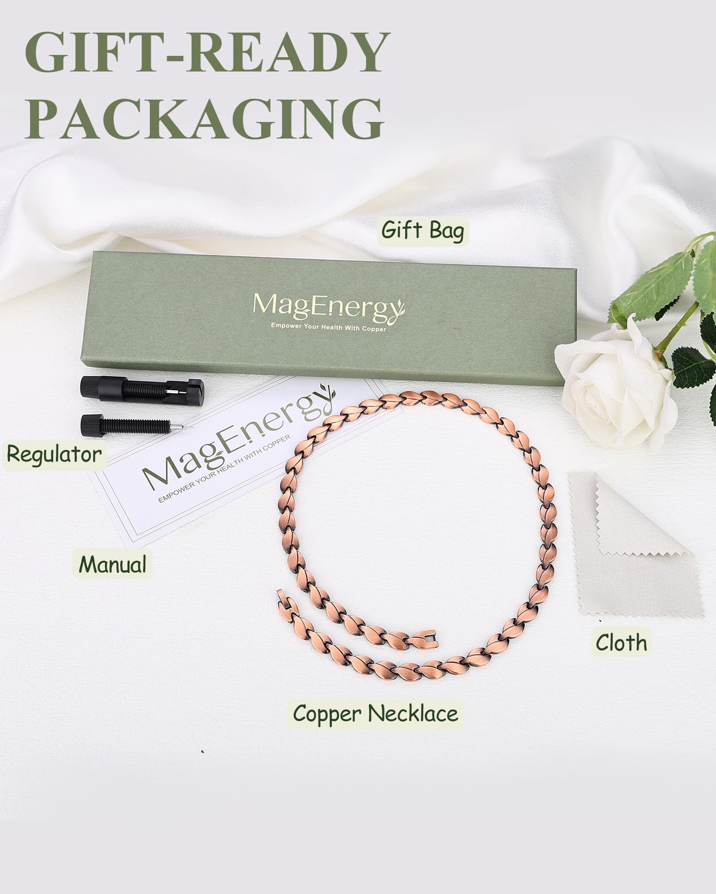 MagEnergy Copper Necklace for Men Women, Magnetic Necklace with 3500 Gauss Ultra Strength Neodymium Magnets, Adjustable Magnetic Jewelry with Sizing Tool (Copper-Leaf)