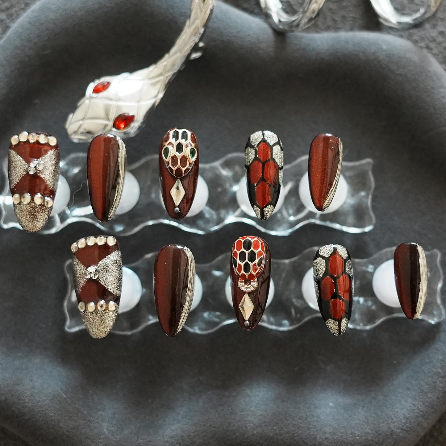 Tesytto Dark Red Press on Nails Luxury Medium Almond, Handmade Fake Nails 3D Design with Snake Charm Rhinestones Glossy Full Cover Thick Acrylic Nails for Valentine's Day(Red Flame,S)