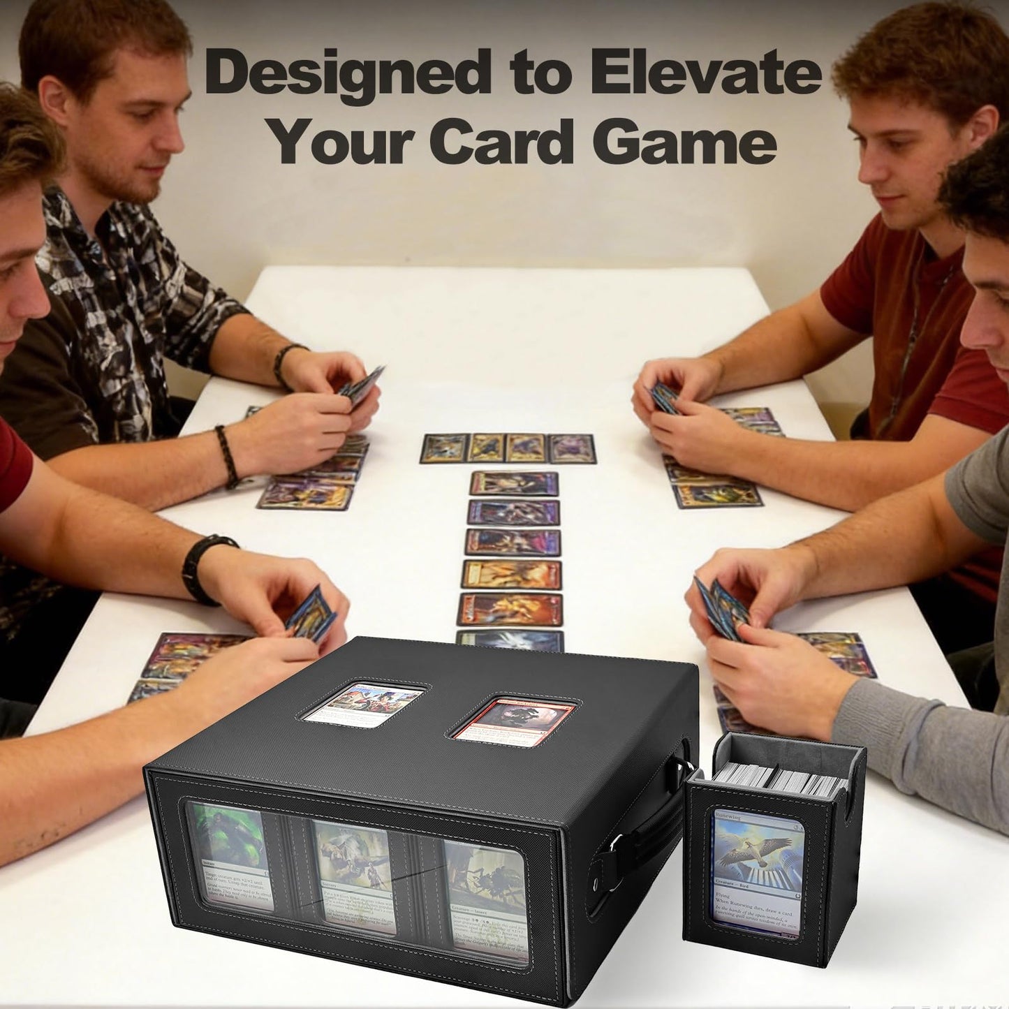 RyshePro 7-in-1 Trading Card Storage Box with Handle, MTG TCG Deck Box with Commander Display Fits 1300+ Sleeved Cards - Includes 6 Toploaders, 3 Stoppers, 16 Colorful Dividers & Dice Box (Black Grey)