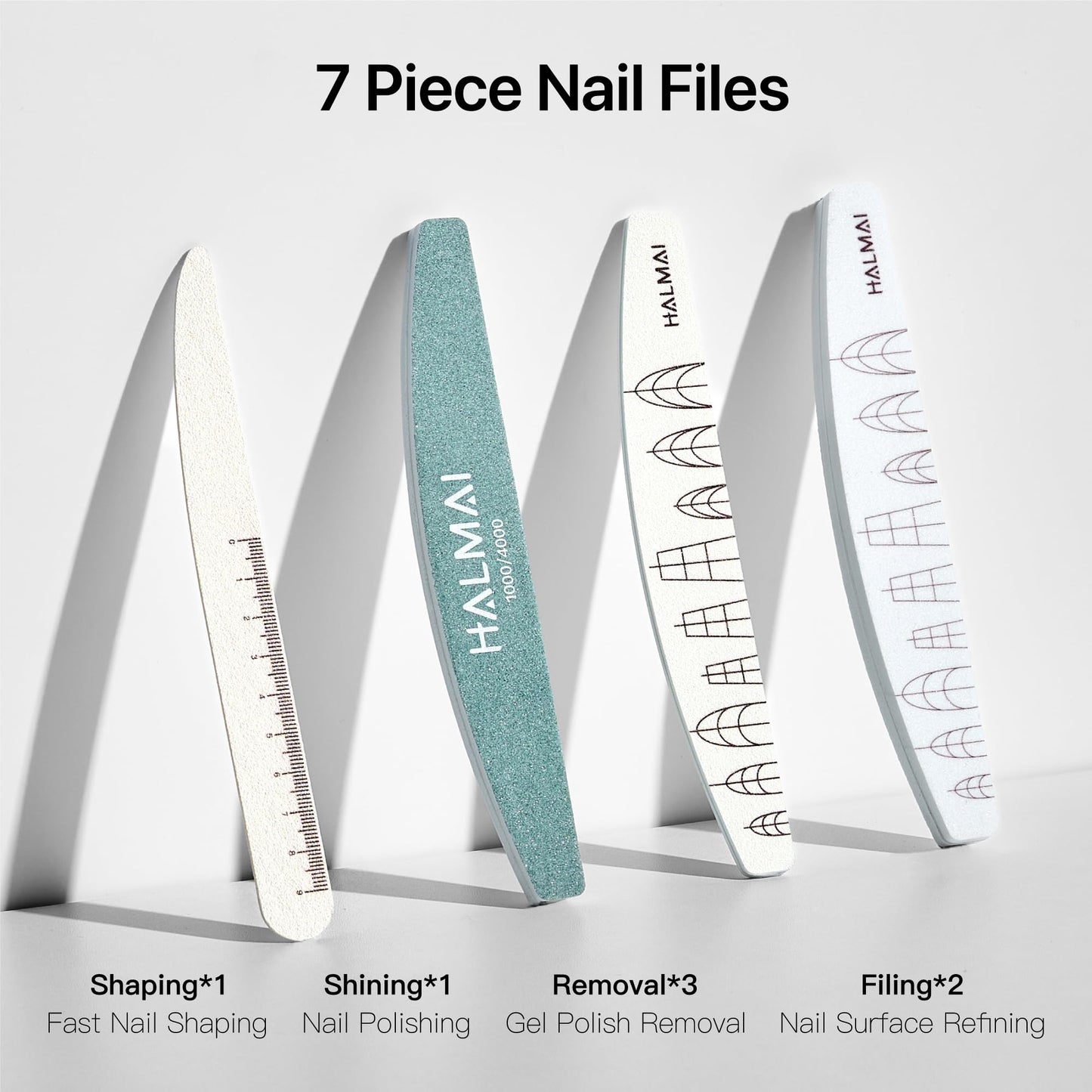 HALMAI 7PCS Professional Nail File & Buffer Kit,100/180 Grit - Reusable Double Sided Manicure Set with Nail Shiner, Sponge & Knife Files, for Natural, Acrylic Nails at Home or Salon