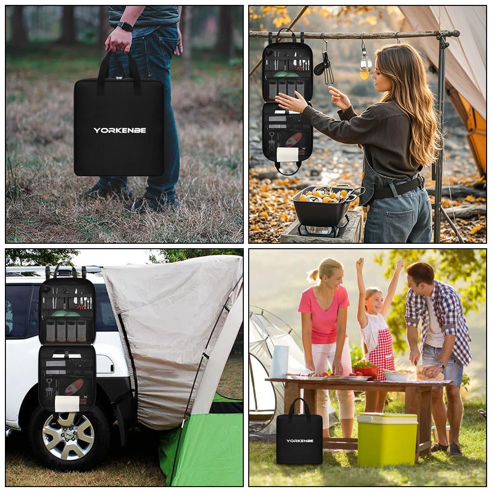 Yorkenbe Large Camp Kitchen Organizer, High Capacity Camping Cooking Utensils Bag, with Paper Towel Holder, Multi-pocket Waterproof Camping Utensils Holder for BBQ Outdoor Cooking Essentials
