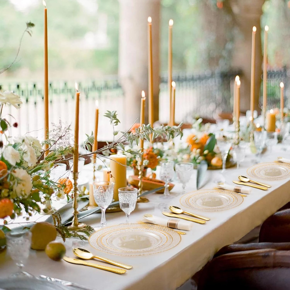 350PCS Clear Plastic Plates with Gold Trim for 50 Guests, Disposable Dinnerware Set for Party & Wedding, Includes 100 Plastic Plates, 50 Pre Rolled Napkins with Gold Silverware, 50 Cups