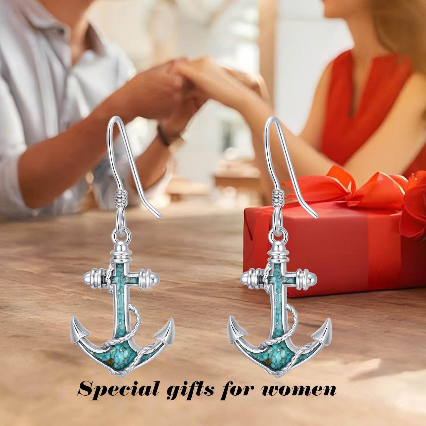 HPQQ Anchor Earrings 925 Sterling Silver Turquoise Anchor Dangle Earrings Ocean Beach Themed Jewelry Mother's Day Jewelry Gifts for Women
