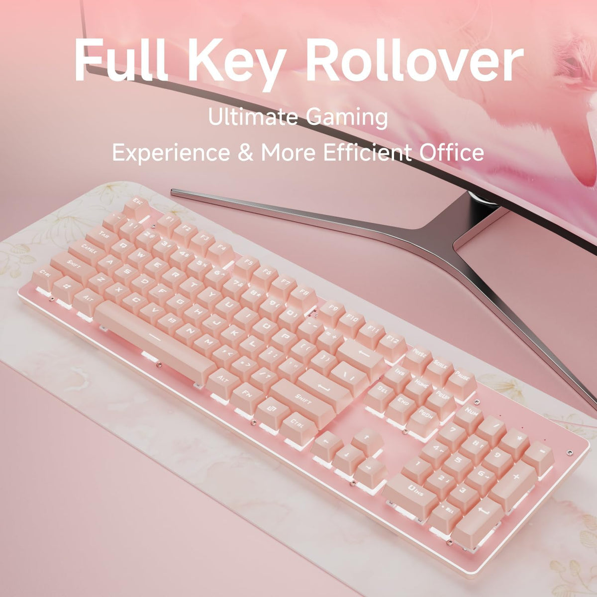 EWEADN TK100 Typewriter Keyboard Wired Mechanical Keyboard, 104 Keys Aesthetic Typewriter Keyboards with White Backlit, Anti-Ghosting, Blue Switch Wired Cute Keyboards-Pink