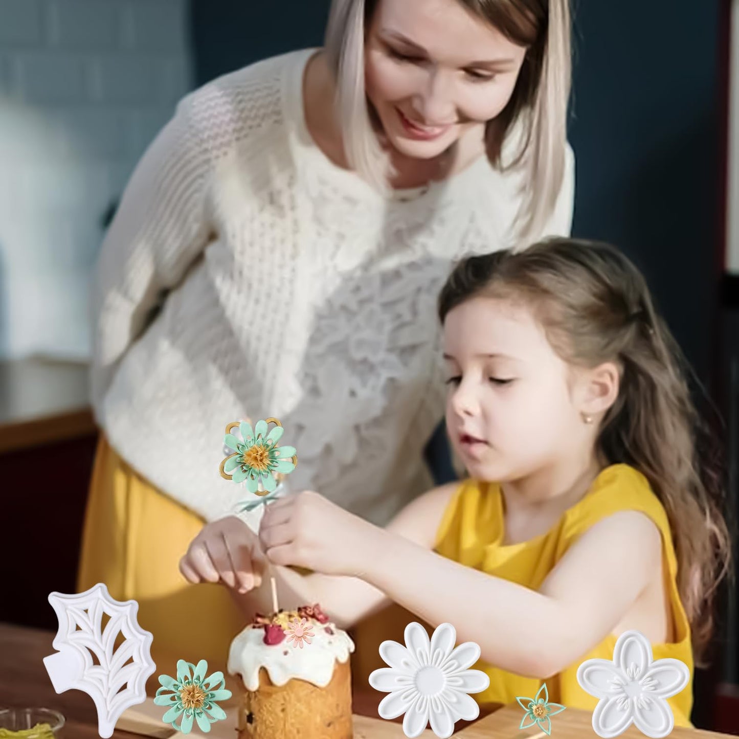13Pcs Fondant Flower & Leaf Mold Kit, Includes Cherry Blossom, Daisy & Periwinkle Designs, Complete Sugarcraft Supplies for Cake Art