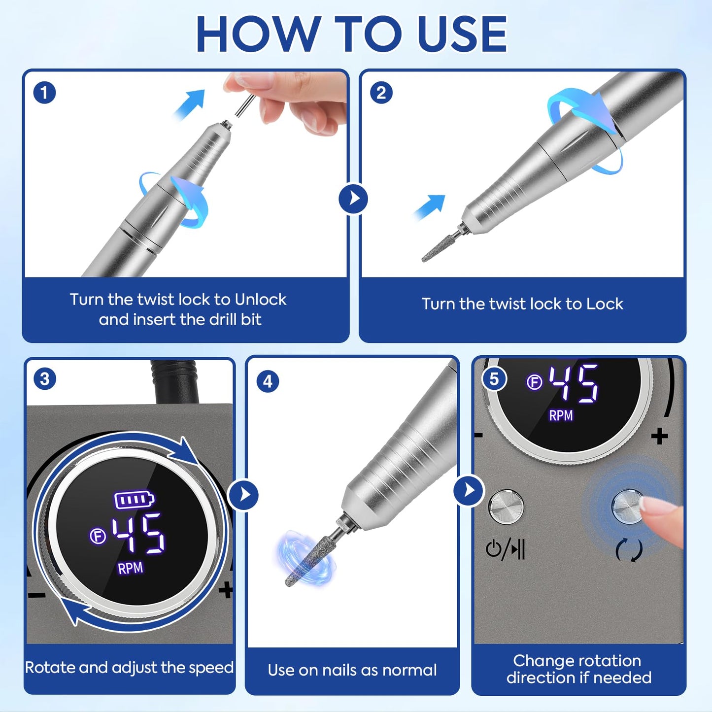 Portable Nail Drill Electric File: 45000RPM Professional Rechargeable Nail E File Machine for Acrylic & Gel Nails, Cordless Efile with 7 Drill Bits, 56 Sanding Bands & Base for Salon Home (Gray)