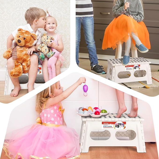 ACSTEP Folding Step Stool 9 Inch,15-Inch Extra Wide Heavy Duty Stepping Stool More Safe and Comfortable Non Slip Foldable Step Stool for Kids and Adults White