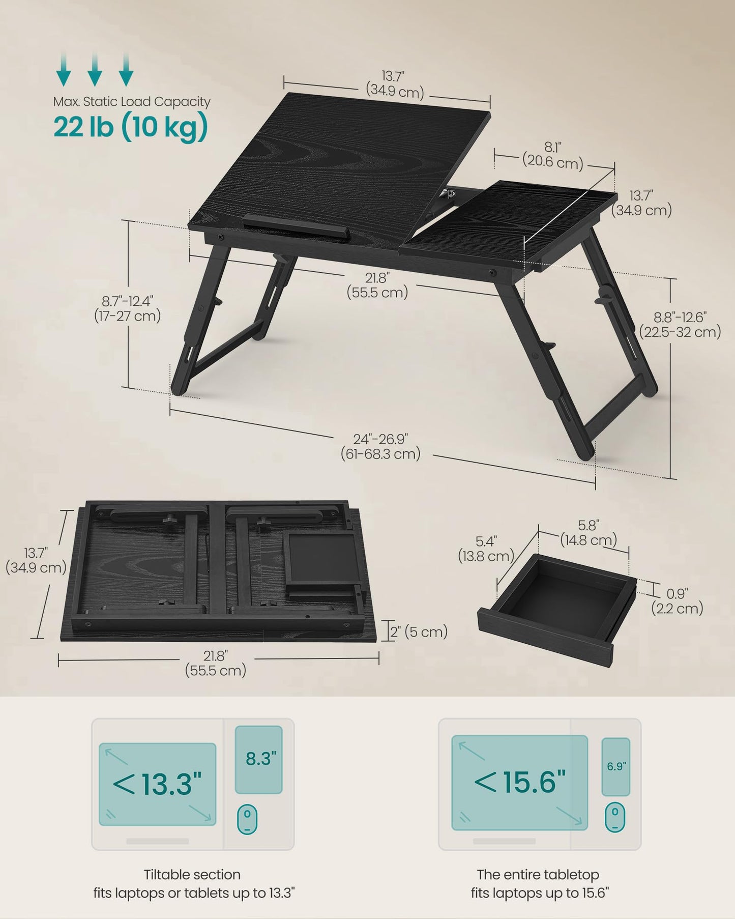 SONGMICS Bed Laptop Desk, Folding Bed Tray for Laptop up to 15.6 Inches, Adjustable Angle and Height, Portable for Working Reading Writing Breakfast, Bamboo Legs, Drawer, Ebony Black ULLD105BE01