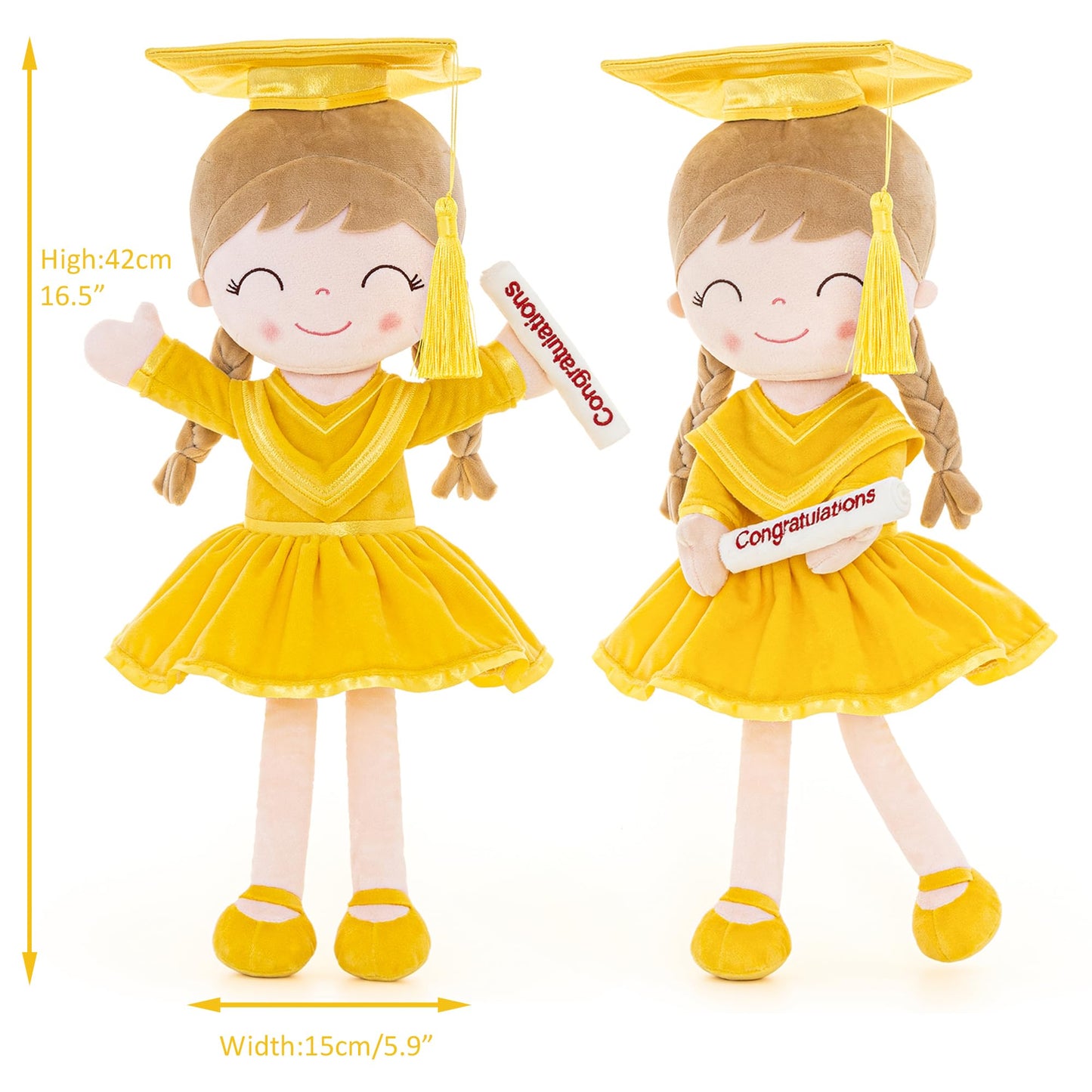 Gloveleya 16" Yellow Graduation Doll - Bright & Cheerful Plush Toy with Cap & Gown - Preschool Kindergarten Graduation Gift for Daughter, Class of 2026