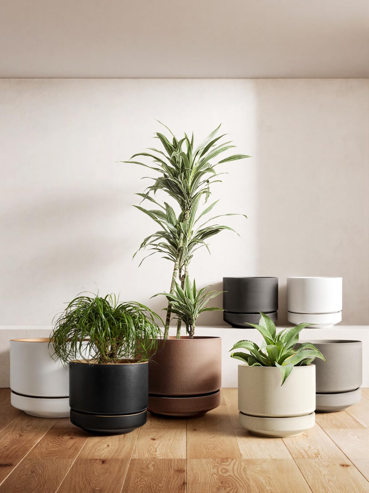 LE TAUCI 12 Inch Pot for Plants with Saucer, Ceramic Indoor Planter Pot with Drainage Hole, Mesh Pad Included, Matte Glazed Outside, Modern for Home and Office, Obsidian Black & Ochre