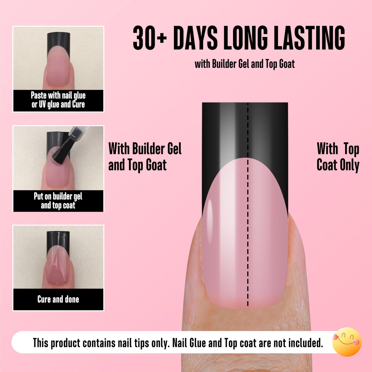 NOVO OVO Medium Sharp Square Black French Tip Nail Tips Press on BERRY PINK, Extra Thick NEED Builder Glue Gel & Top Coat, Soft Gel Full Cover False Fake Nail Extension for Salon DIY x 15 Sizes 180 pc
