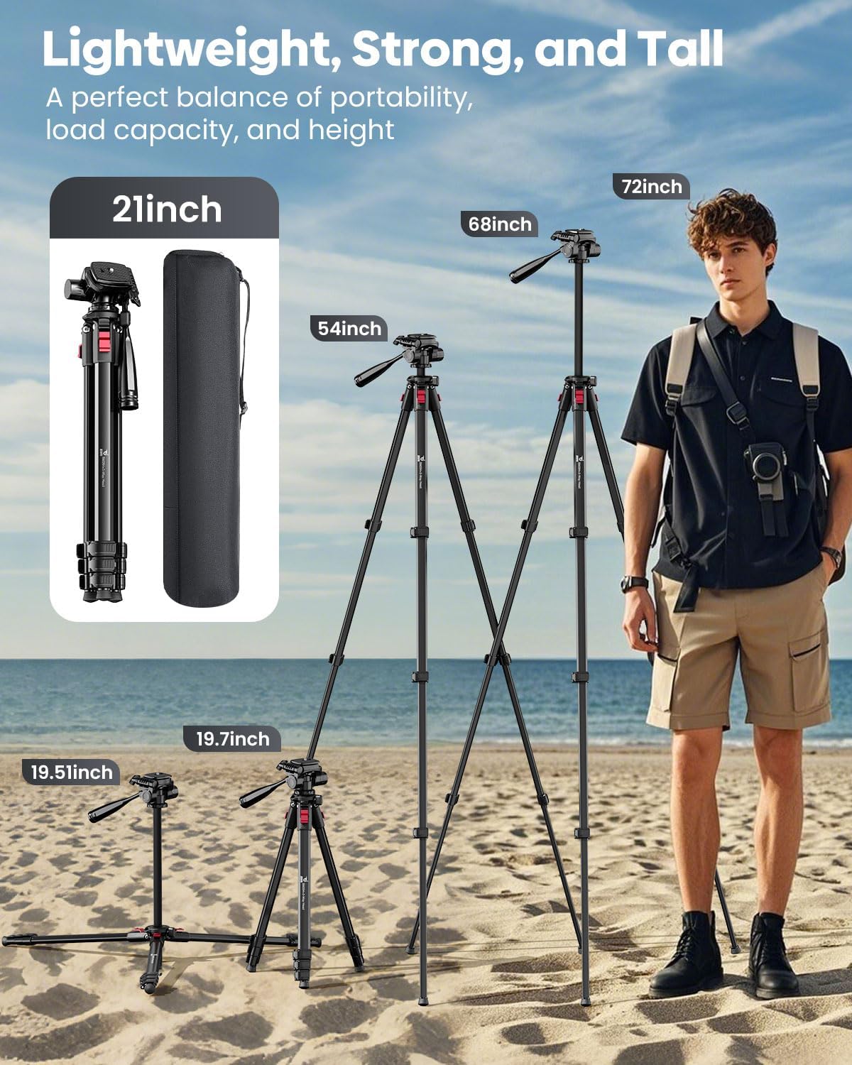 68" Lightweight Camera Tripod Stand, Compact Portable Travel Aluminum Tripod for DSLR/SLR, Compatible with Canon/Nikon/Phone (Supports 8.8 lbs, Weighs 2.46 lbs) Black