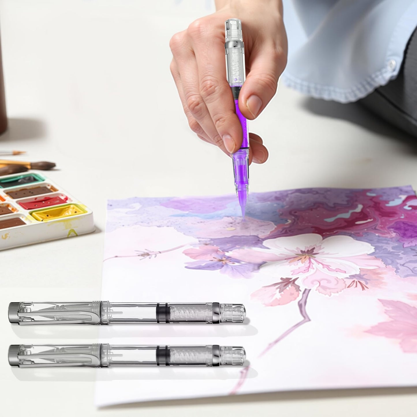 NUOBESTY 5Pcs Water Brush Pen Set – Refillable Fountain Brush Pens for Watercolor, Calligraphy, Painting, Drawing, Scrapbooking & Sketching