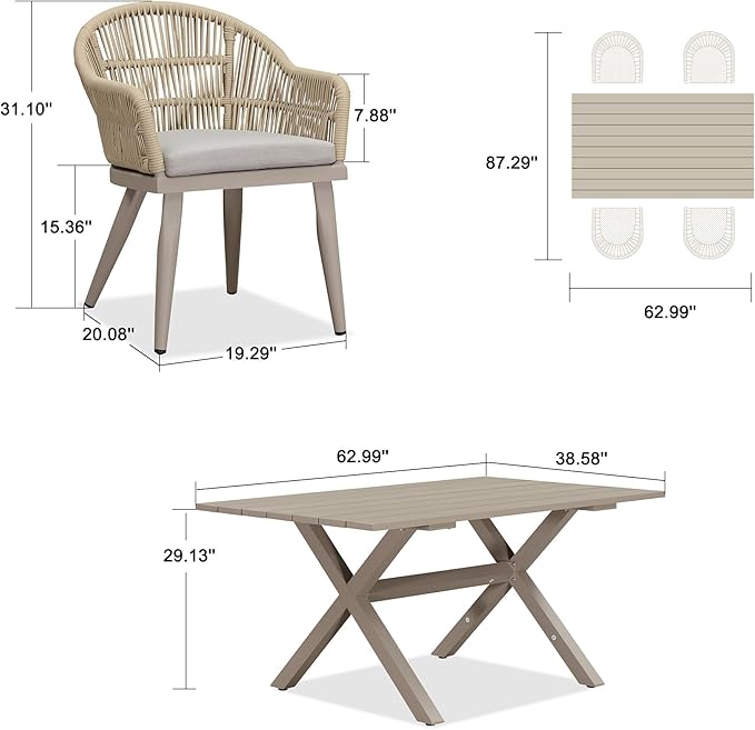 PURPLE LEAF 5 Pieces Patio Dining Set with Outdoor Aluminium Dining Table and Woven Chairs Modern Metal Furniture Cushions Sets for Garden Yard Indoor Decor Kitchen Champagne