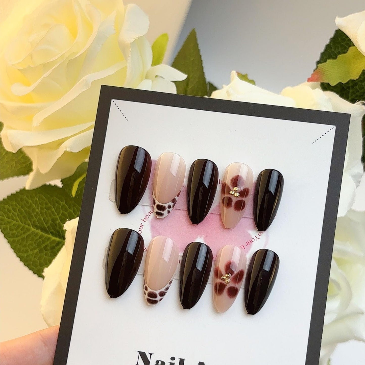 LBPEPAMZ 24Pcs Brown Flower Press on Nails Medium Almond Fake Nails with 3D Gold Beads Design Crocodile Pattern French Tip Acrylic False Nails Winter Autumn Pink Full Cover Stick on Nails for Women
