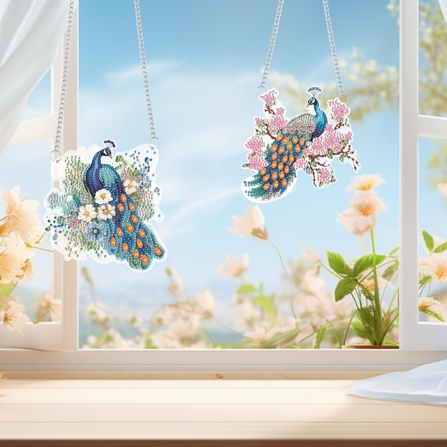 2 Pack Diamond Painting Peacock Hanging Ornaments – DIY Crystal Art Sun Catcher Kit for Window, Wall or Car – Elegant Decorative Gift for Women, Nature & Bird Lovers
