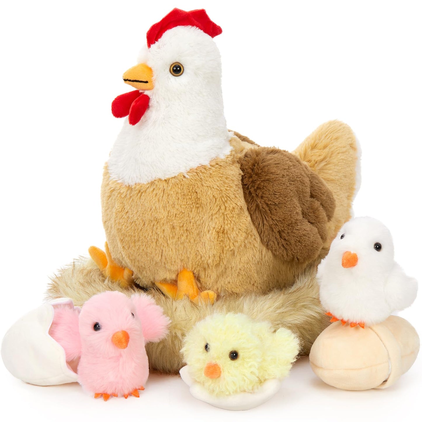 Karister 7Pcs Chicken Stuffed Animals, Stuffed Hen Plush with Baby Chicks & Eggs, Nest Hen Coop Plush Toy Set for Kids, Soft Stuffed Farm Animal Plushie for Birthday Christmas Easter Gift, 14"