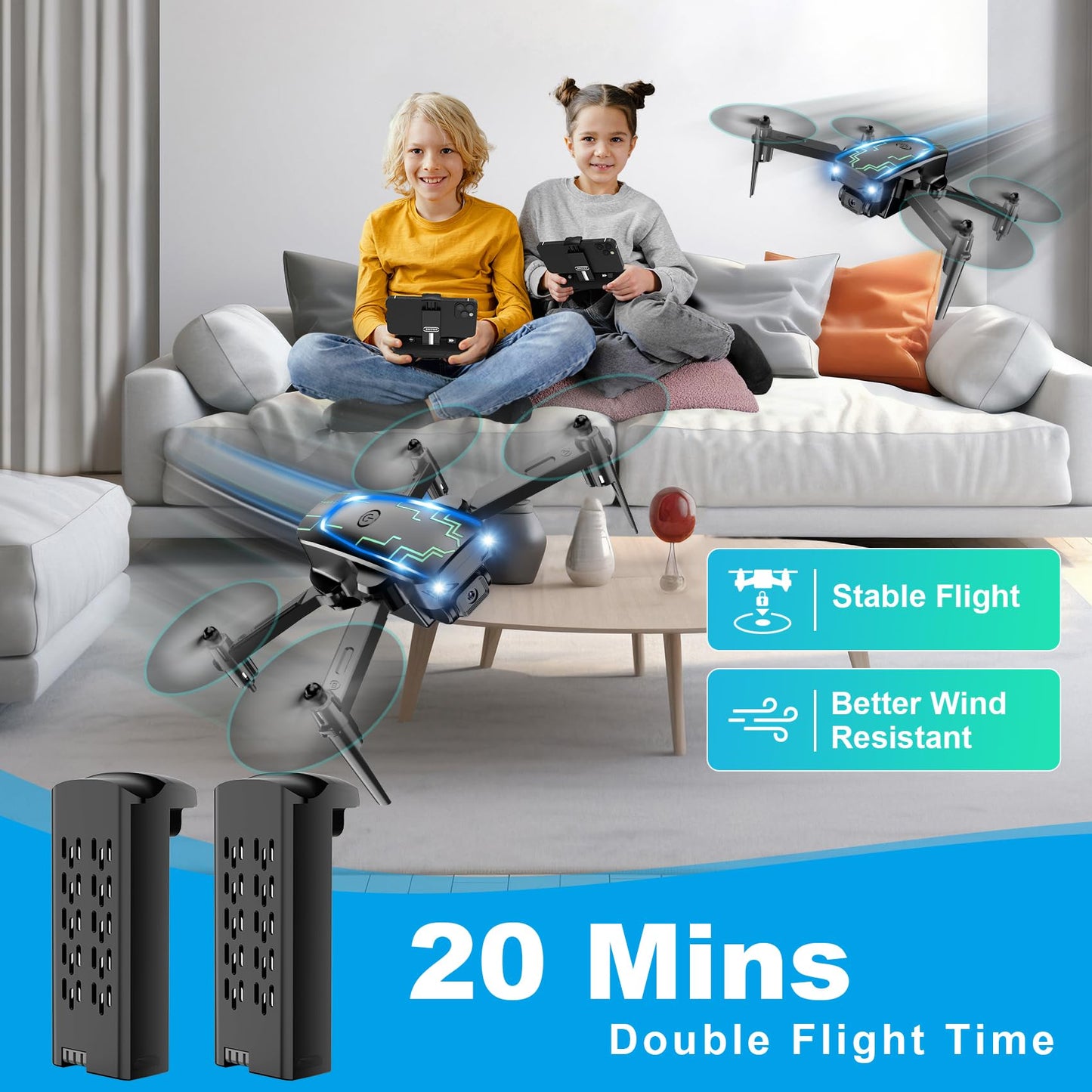 Mini Drone with Camera for Adults Kids - 1080P HD FPV Camera Drones with 90° Adjustable Lens, Gestures Selfie, One Key Start, 360° Flips, Toys Gifts RC Quadcopter for Boys Girls with 2 Batteries