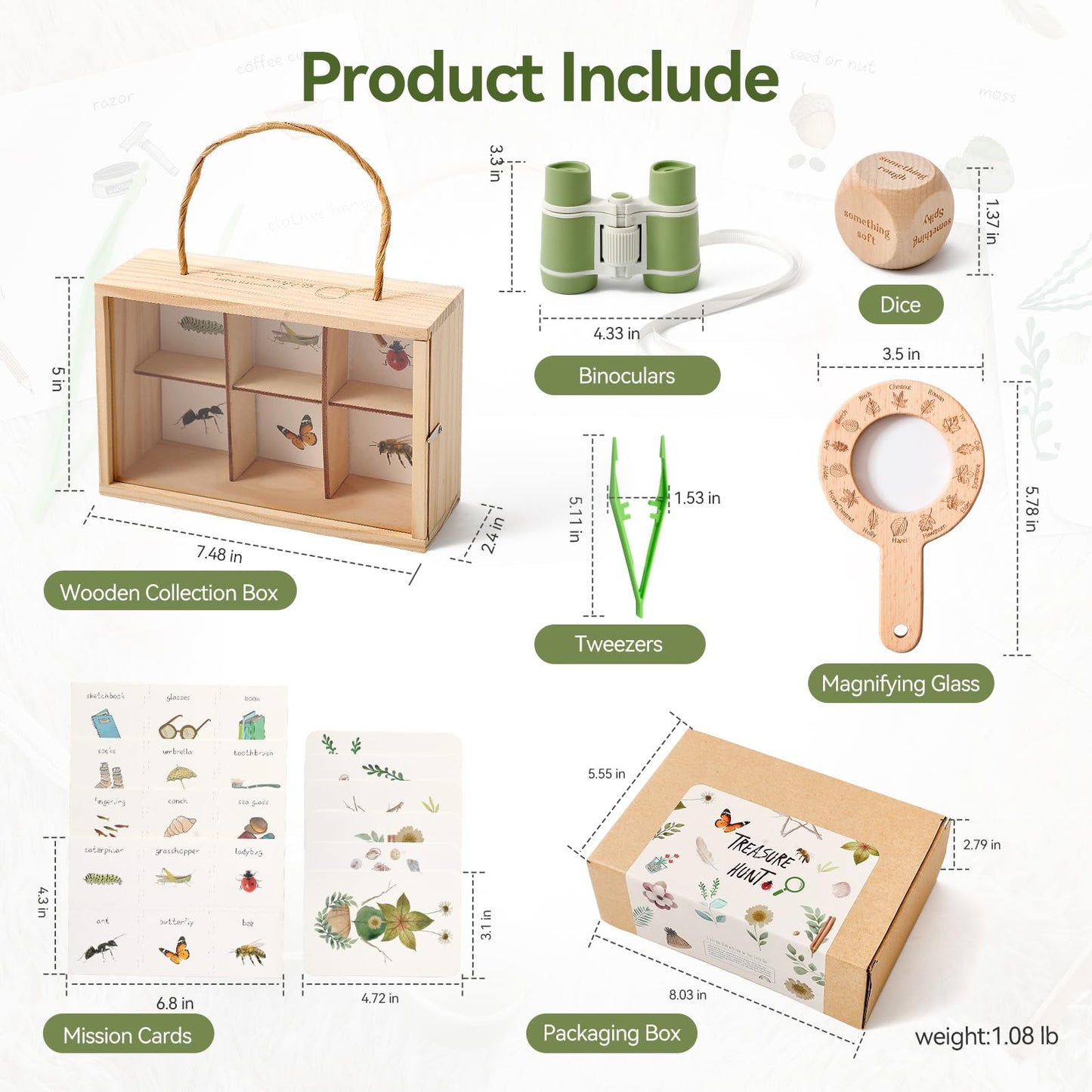 WOODEN TEETHER Kids Scavenger Hunt Play Set, 15pcs Treasure Hunt Kit with Binoculars, 10 Double-Sided Cards & Storage Box Indoor/Outdoor Exploration for Home, Backyard, Park