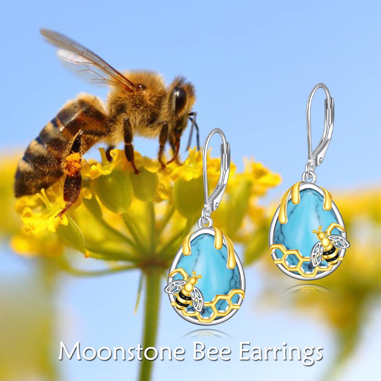 YFN Honeycomb Bee Turquoise Earrings 925 Sterling Silver Teardrop Dangle Hypoallergenic Leverback Earring for Women