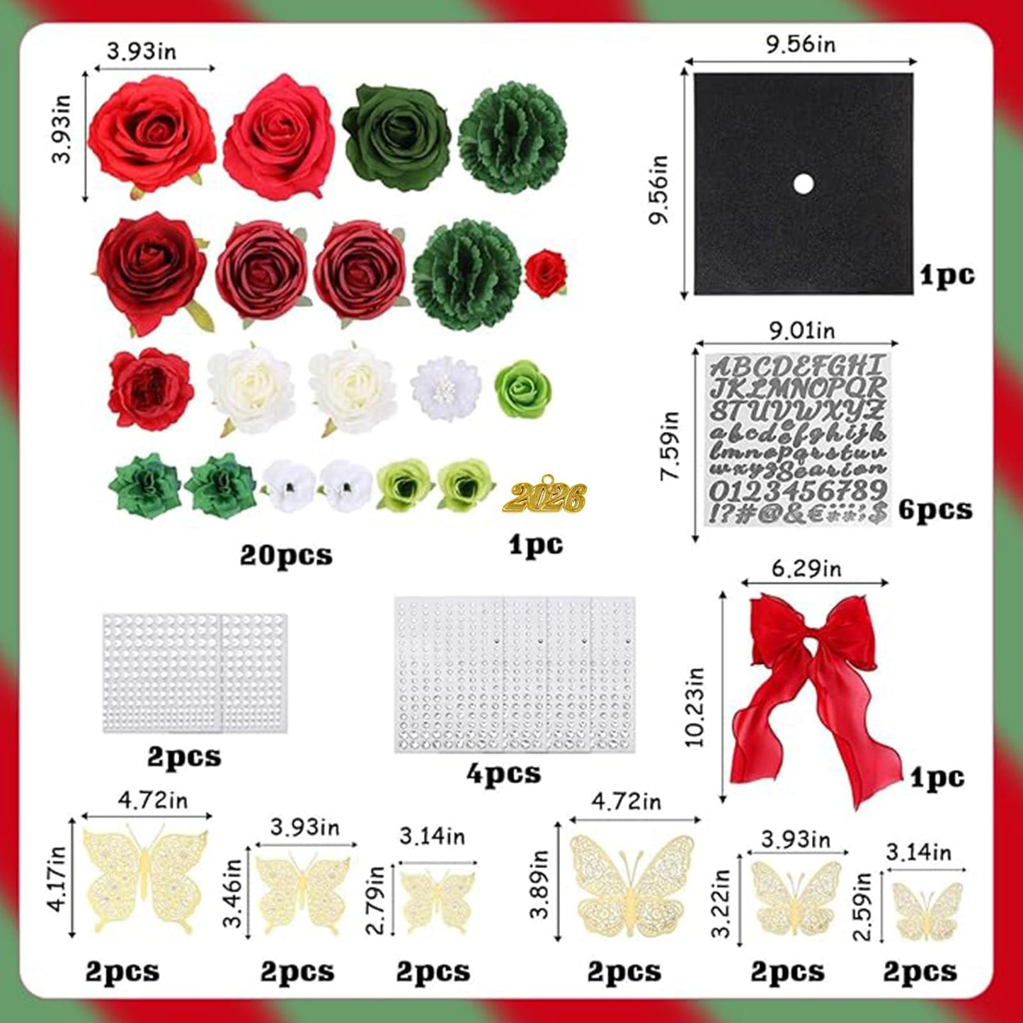 Jollyboom Graduation Cap Decorations Kit Red Green, 2026 Graduation Cap Decorations Mexican Cap Topper DIY Craft Flowers Butterfly Stickers Red Bow Trim Gold 2026 Pendant for Graduation Cap DIY
