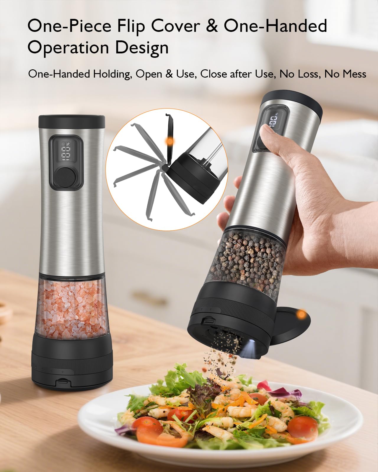 Electric Salt and Pepper Grinder Set, Upgraded 2-Speed Setting, External 5 Adjustable Coarseness, Battery Display Rechargeable Base, Stainless Steel Automatic Salt & Pepper Shakers Mill with LED Light