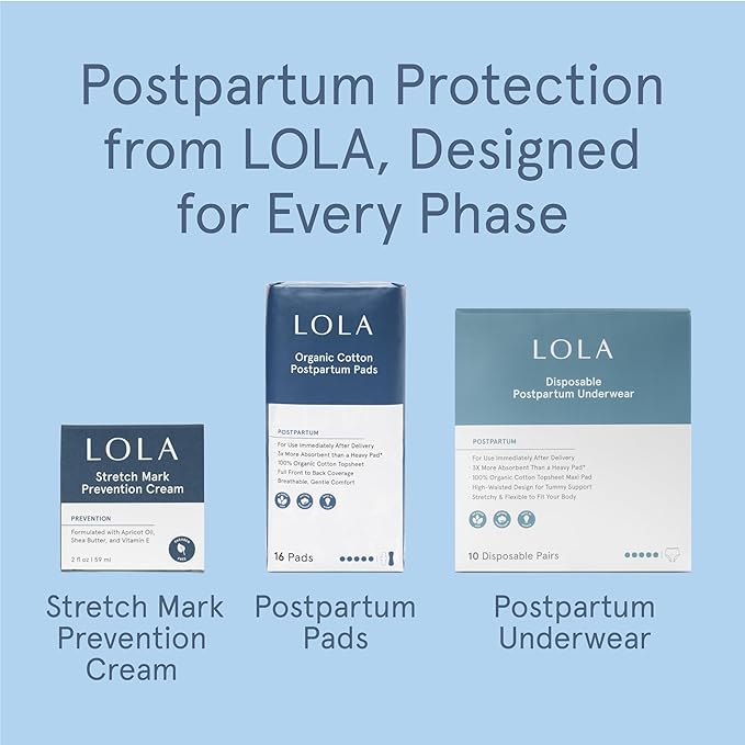 LOLA Organic Cotton Postpartum Pads, 32 Count, Ultra Absorbent and Extra Long Pads, Overnight and Full Coverage, Postpartum Essentials