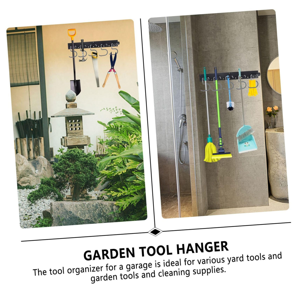 1Set Wall Mount Tool Organizer Broom Holder Garden Tool Hanger with Non Slip Coating Durable and Hooks for Garage and Garden Storage
