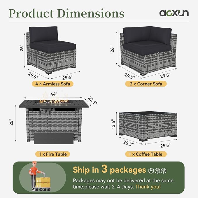 Aoxun 8 Piece Patio Furniture Set with 44” Fire Pit Table Wicker Rattan Outdoor Sectional Sofa Set with Coffee Table and Thickened Cushions, Black (Waterproof Cover Included)