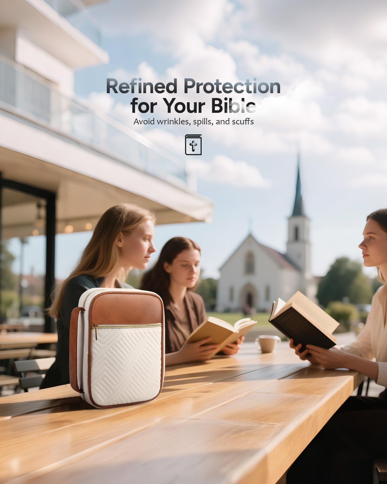 BellaHold Quilted Vegan Leather Bible Cover, Color-Blocked Bible Cover Case for Women, Bible Carrying Case with Handle, Bible Study Supplies & Christian Gift for Women and Girls (White & Brown, TS/S)
