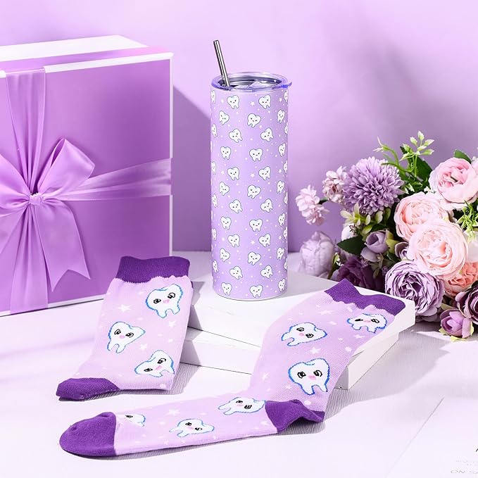 Umigy 2 Pcs Dental Assistant Gifts 2025 Dental Hygienist Appreciation Gifts 20 oz Teeth Print Tumbler with Lid and Sock for Women for Nurse Week Appreciation Dentist Christmas Birthday(Purple)