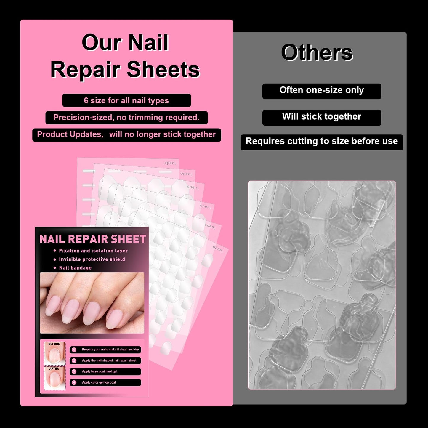 Nail Repair Patches for Damaged Nails - 6 Sizes Clear Nail Shaped Repair Sheets, Fixation & Isolation Layer, Protective Layer for Acrylic, Invisible Instant and Easy to Use 26 Pcs (590 units)