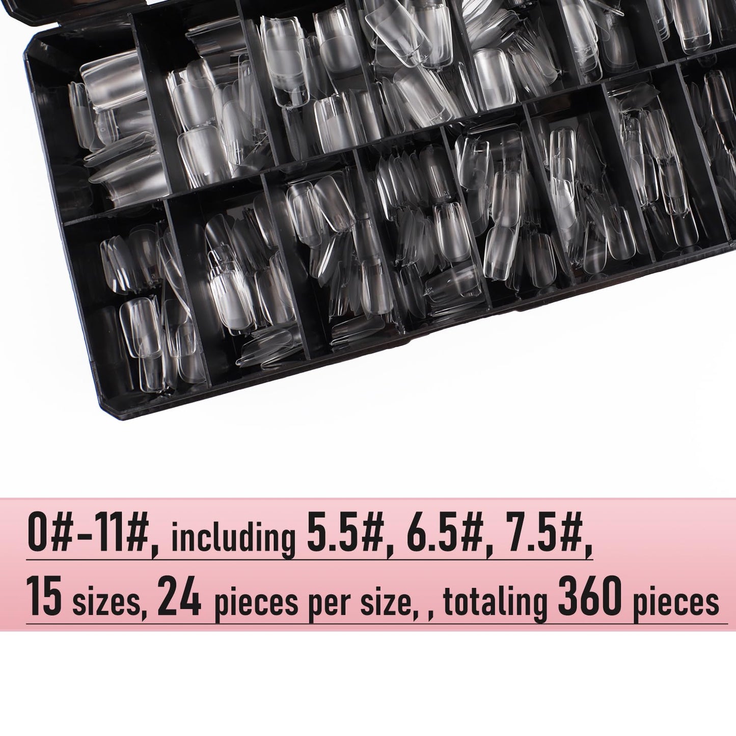 Wellquinn Short Square Nail Tips Thicken Soft Gel Nails Pre-etched Clear Full Cover Press on Acrylic Fake Nail Extension for Manicure Salon Home DIY 360Pcs 15 Sizes Black Box Collection