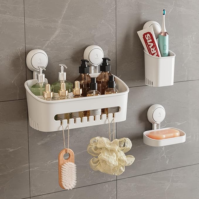Shower Caddy Suction Cup Set - No-Drill Removable 3-Pack Organizer with Shower Shelf, Soap Dish, and Toothbrush Holder - Strong Suction, Waterproof, Ideal for Bathroom Organization