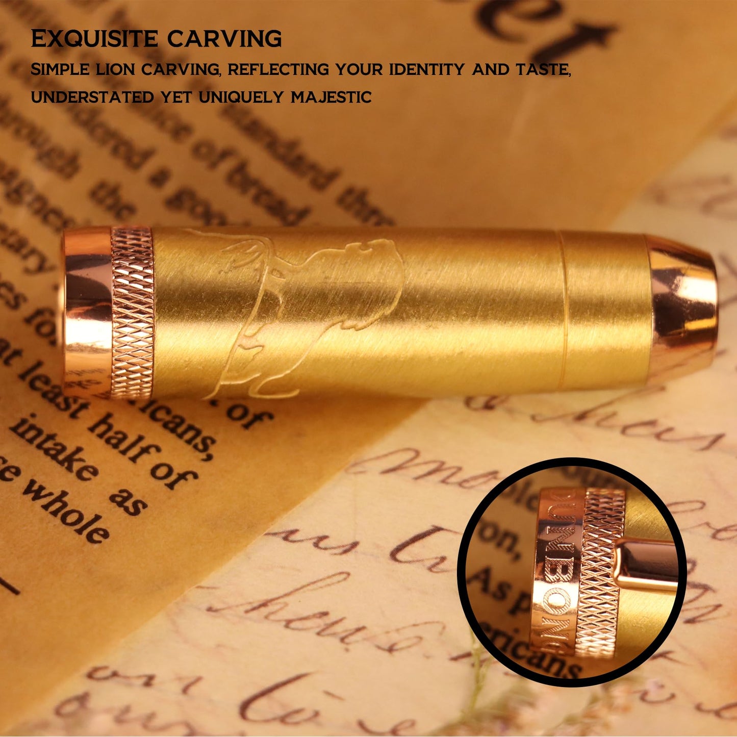 DUNBONG Luxury Fountain Pen, Aureate Gold Powder Finish, Gold Plating and Red Lacquer, Intricate Engraved Pattern, Gilded Medium Nib, Refillable Ink Converter, Luxury hard Gift Box(lion)