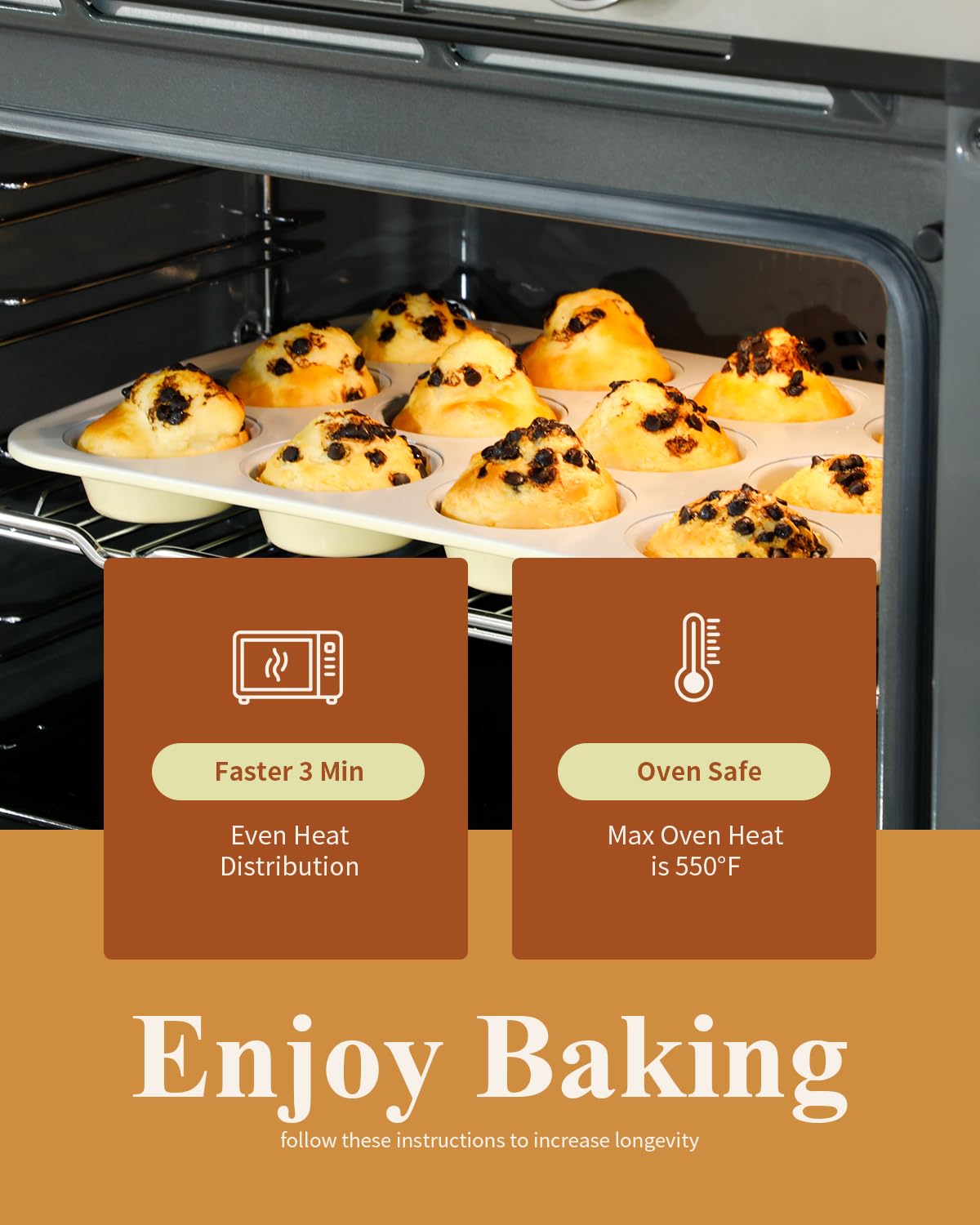 Ymiton Nonstick Ceramic 12 Cup Muffin Pan, Cupcake Pan for Baking, Non-Toxic Muffin tin, Ceramic Coating, PTFE & PFOA Free, Oven Safe 550°F, Aluminized Steel (Yellow)