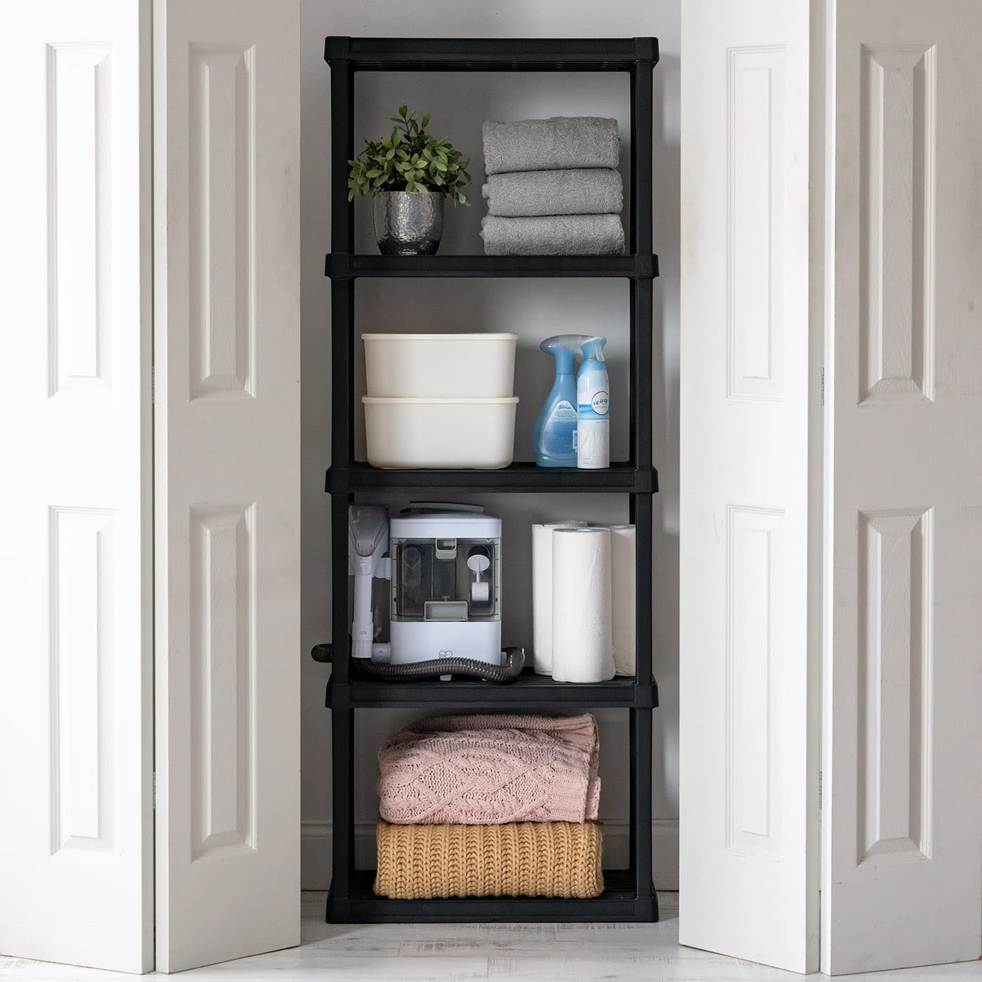 IRIS USA 3-Tier 58" H and 5-Tier 64" H Heavy Duty Storage Shelves Bundle, Recycled Plastic Home Organizers