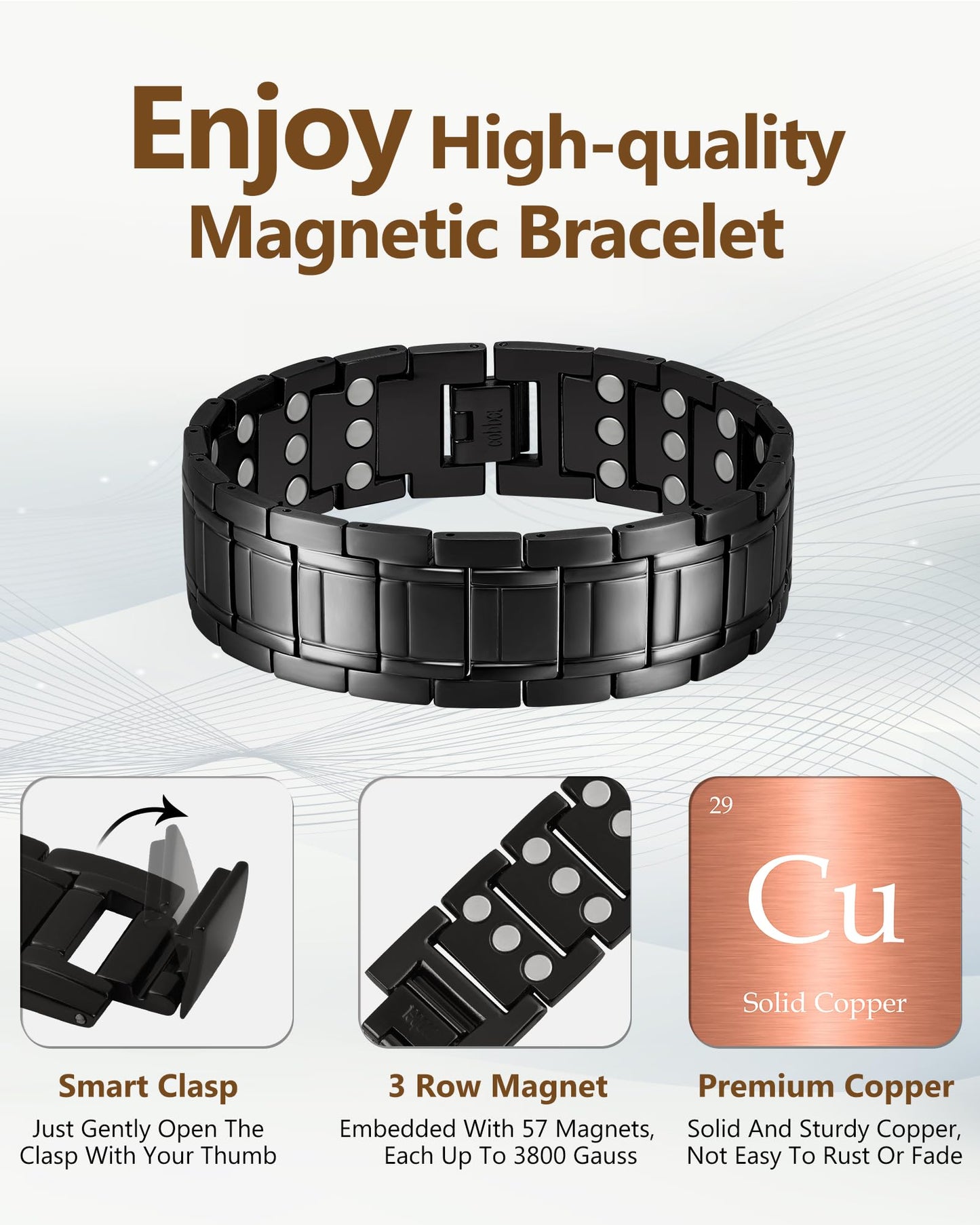 Feraco 3X Strength Copper Magnetic Bracelet for Men - 99.99% Pure Copper with 3800 Gauss Magnets(Black)
