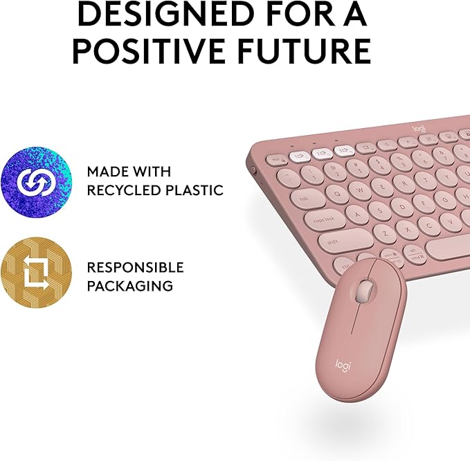 Logitech Pebble 2 Combo, Wireless Keyboard and Mouse, Quiet and Portable, Customizable, Logi Bolt, Bluetooth, Easy-Switch for Windows, macOS, iPadOS, Chrome - Tonal Rose