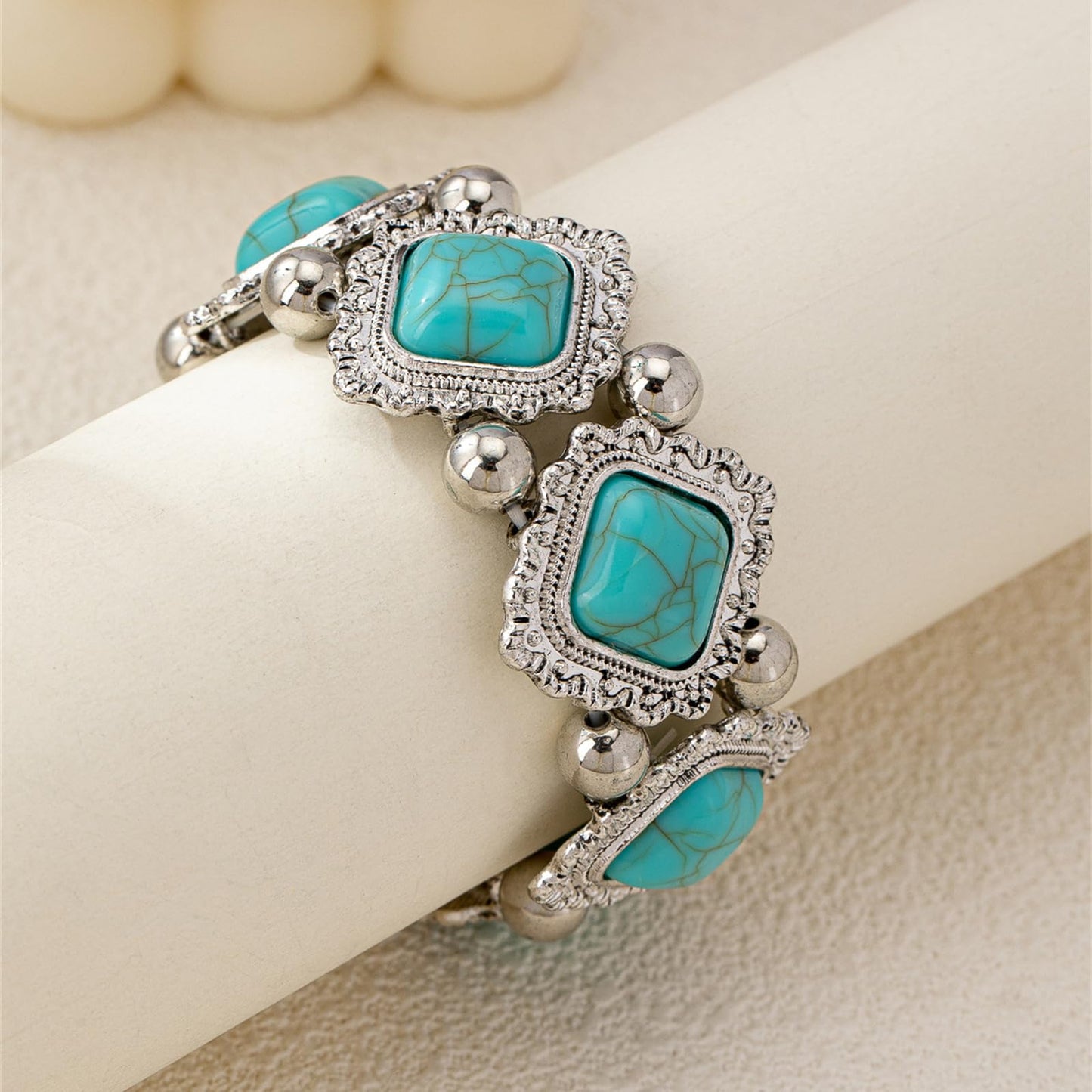 QLYOVWE Turquoise Stone Silver Overlay Link Bracelet for Women Bohemia Gemstone Adjustable Link Bracelets Handmade Link Bracelets Christmas Summer Beach Bracelets Jewelry (Blue)