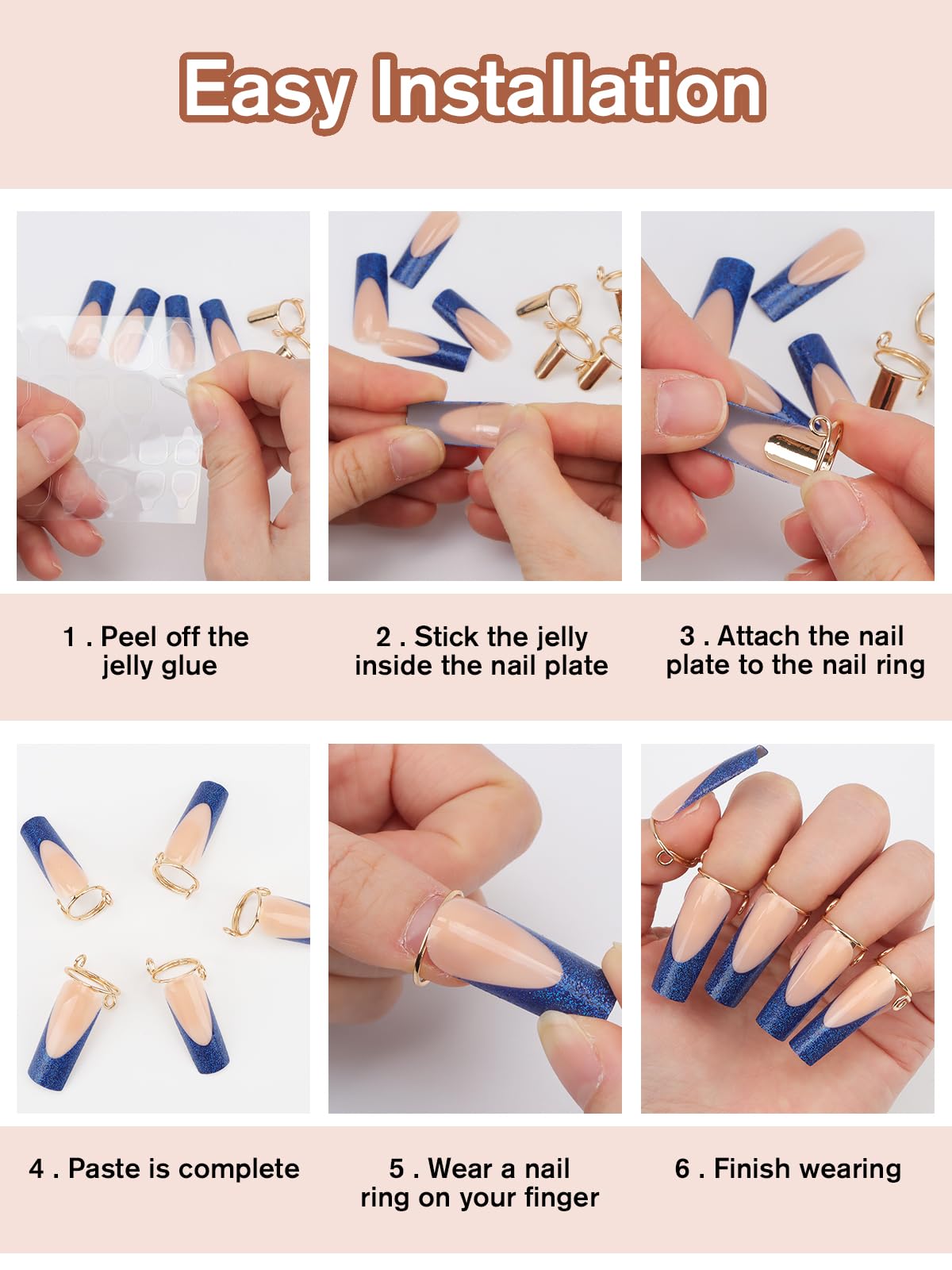 EBANKU 20PCS Wudu Nail Rings, Updated Adjustable Nail Rings Detachable Reusable Women Gift Ring Set with 120PCS Adhesive Nail Tabs for Acrylic Nail Art Decoration Gold