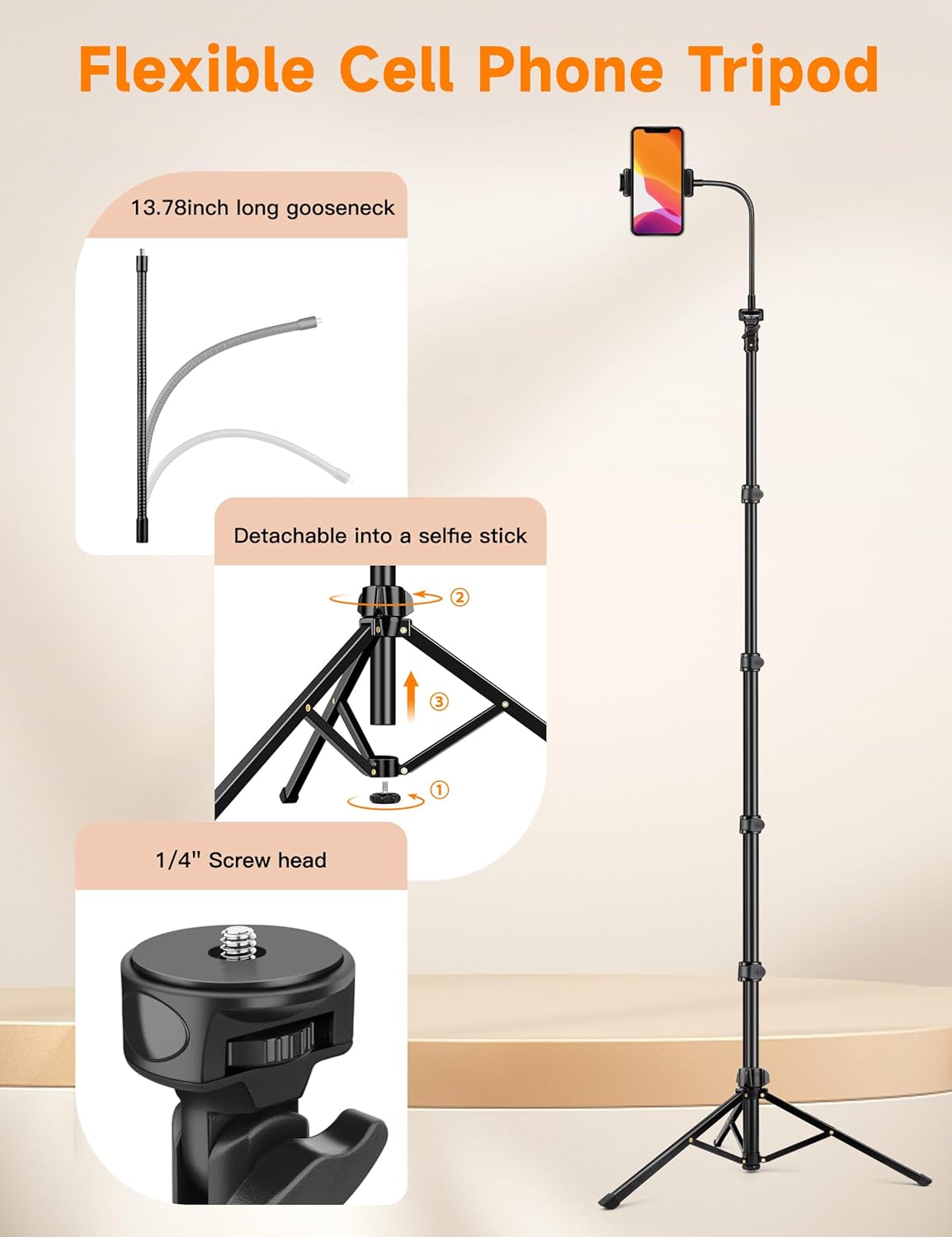 Phone Tripod Stand, 84" Tall Flexible Cellphone Tripod for iPhone with Gooseneck Remote, Portable Phone Stand for Recording, Compatible with iPhone 14 13 12 pro Android Camera
