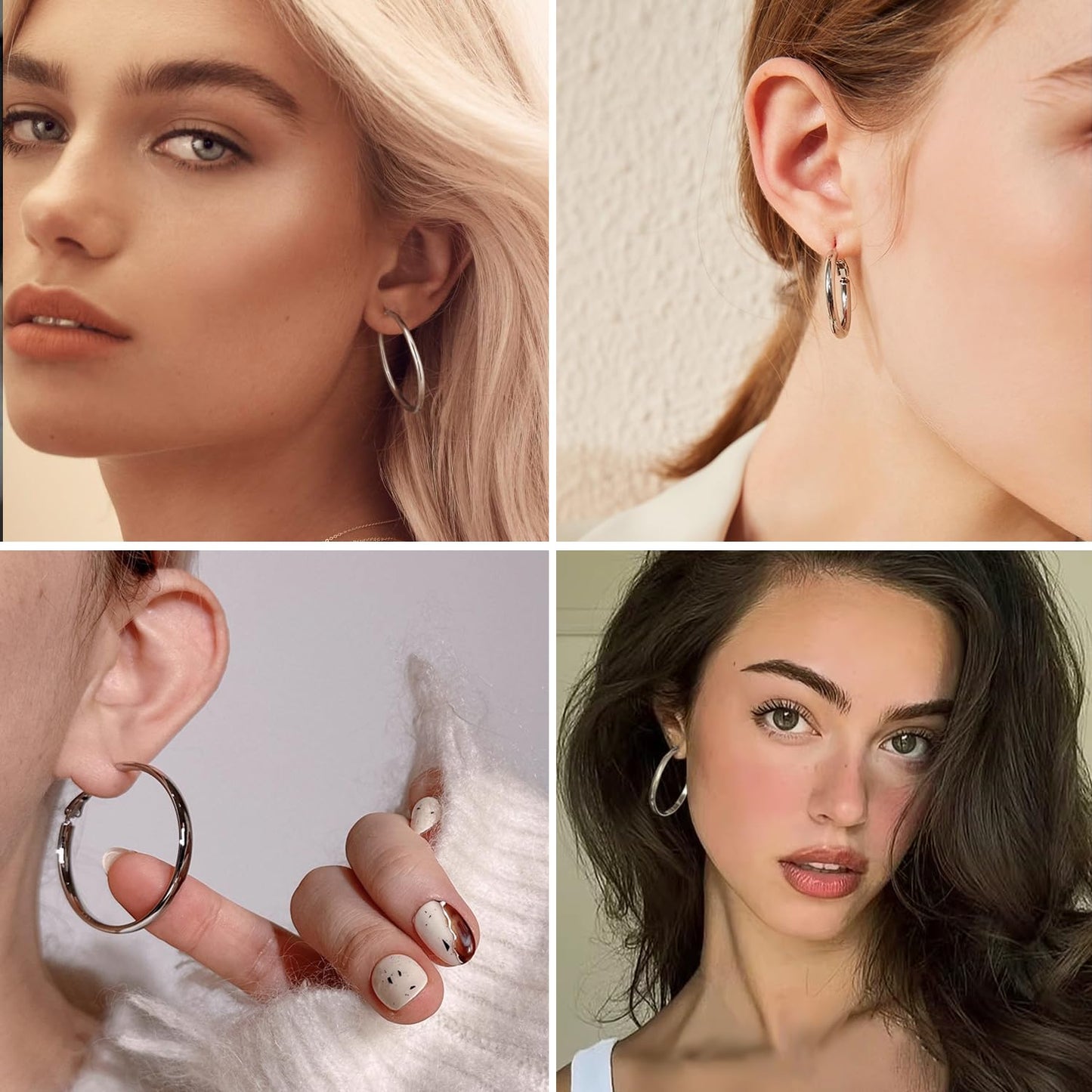 PICKBEAU Chunky Silver Hoop Earrings for Women | 14K Plated Hypoallergenic 4mm Wide & Thin Big Round Circle Hoops Stainless Steel Womens Dangle Earring Set (30/40mm)