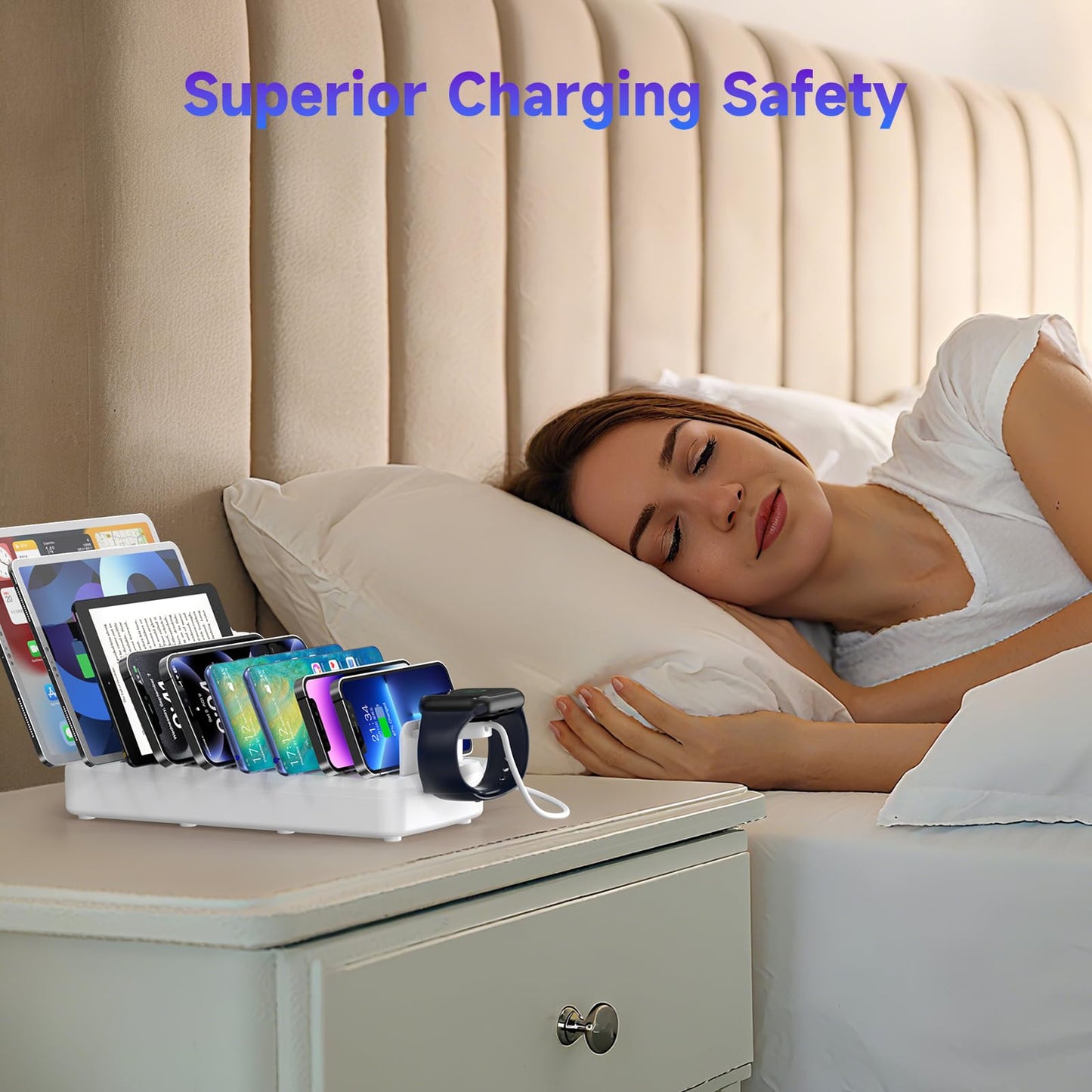 320W Charging Station for Multiple Devices, 10 Ports Fast Multi-Device Charger Organizer Compatible with MacBook Pro Laptop, iPhone, Android, Ipad, Tablet, Kindle, Family Multi-Device Charging Dock
