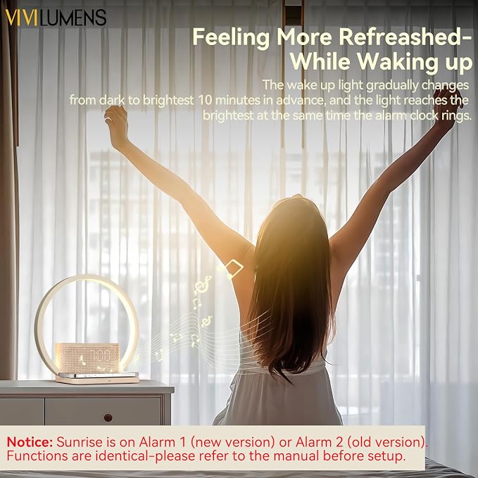 Vivilumens Sunrise Alarm Clock Wireless Charger, 10 White Noise Sound Machine Alarm Clock with 30/60/90 Mins Timer, 3 Levels Touch Night Light Dual Clocks for Heavy Sleeper Bedroom Decor Gift for Her