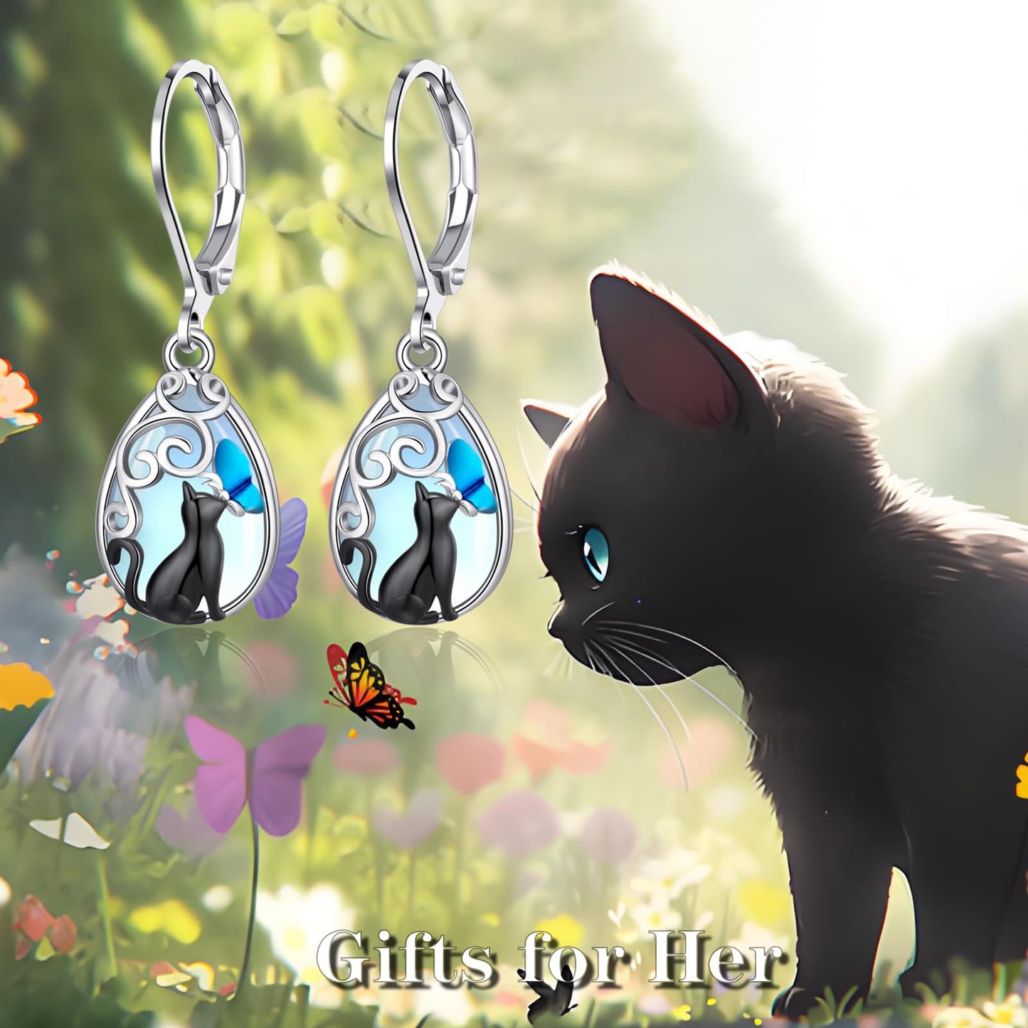 HELORET Black Cat Moonstone Dangle Earrings with Butterfly Leverback Design