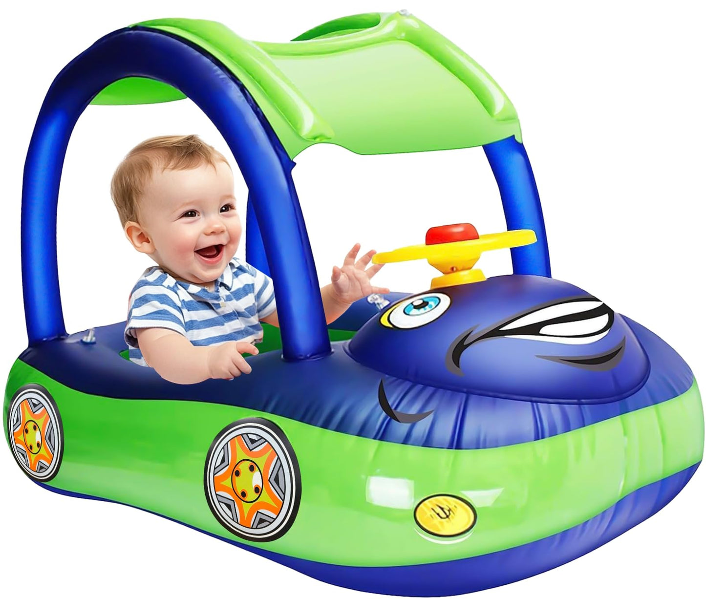 iGeeKid Inflatable Baby Pool Float with Canopy, Safty Seat for Infant Baby Swim Float Rings Car Shaped Swimming Pool Floaties for Babies Toddler Age of 18-36 Months (Blue)